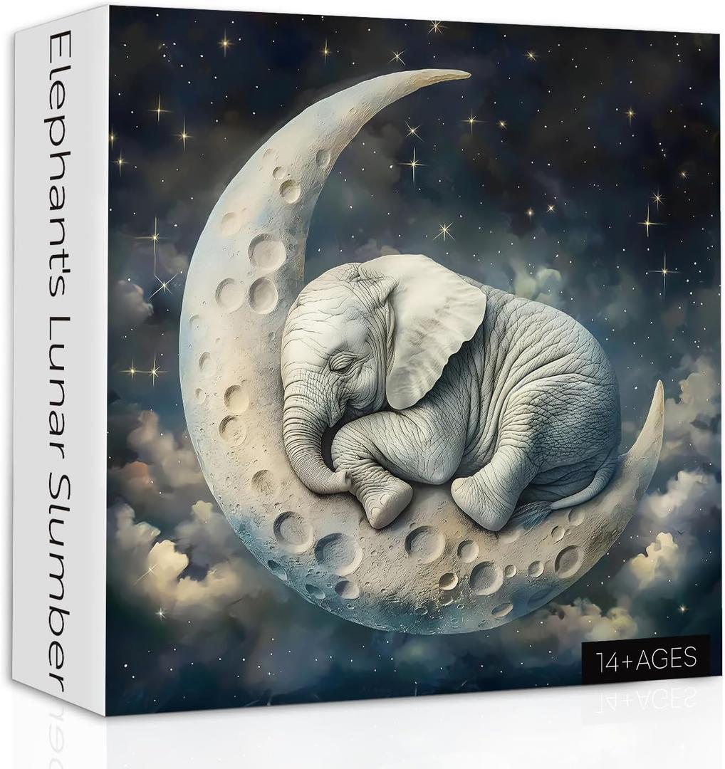 Elephant Moon Puzzles for Adults 1000 Pieces, Vintage Sleeping Elephants Jigsaw Puzzles, Fantasy Space Animal Challenging Puzzle