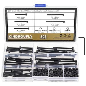 202 Pieces Black M4 x 30/35 /40/45 /50 mm Hex Socket Head Cap Screws Nuts Washers Assortment Kit, 12.9 Grade Alloy Steel