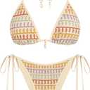 ZAFUL Women's Colorblock Stripes Triangle Halter Tied Cheeky Thong Bikini Set High Cut Two Piece Bathing Suit (2-Beige, S)