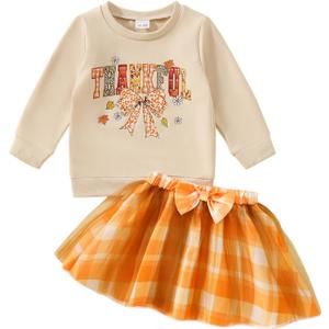 Tinypainter Toddler Girl Thanksgiving Outfit Little Turkey Sweatshirt+Bow Skirt Set Fall Clothes (12-18 Months, Thankful)