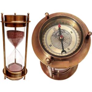 7 Nautical Brass Sand Timer Hourglass with Maritime Brass Compass Table Decorative by Hanzlacollection