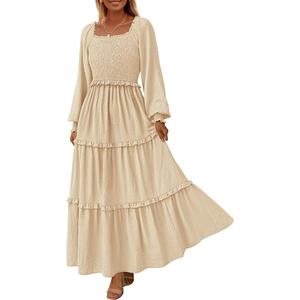 PRETTYGARDEN Fall Dresses for Women 2026 Long Sleeve Smocked Square Neck Swiss Dot Tiered Flowy Wedding Guest Maxi Dress (Medium)