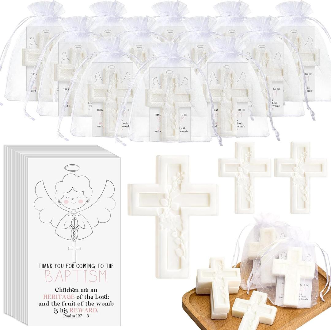 50 Pack Baptism Favors for Guests Cross Soap Baby Shower Scented Soap Favors with Greeting Cards Organza Bag Christening Communion Baptism Party Gift for Guests Party Gender Reveal