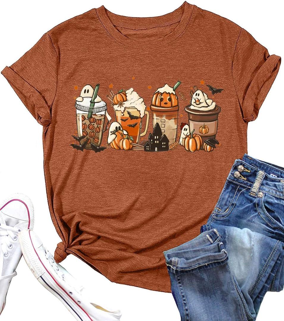 Pumpkin Latte Shirt Cute Autumn Pumpkin Graphic Tees Coffee Lover Shirts Gifts Halloween Pumpkin Spice Tops (Small, Orange)