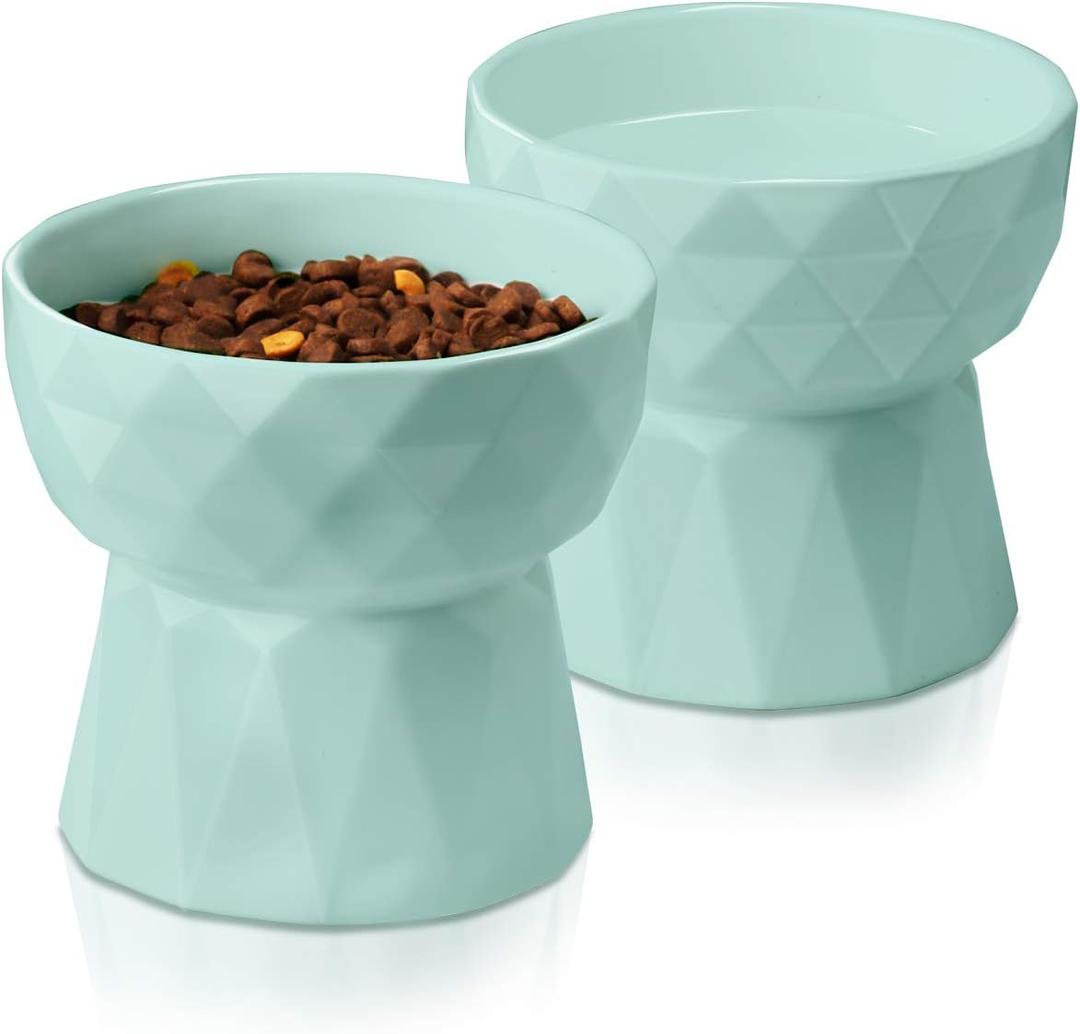 Frewinky Cat Bowls,Ceramic Cat Bowls Anti Vomiting,Raised Food and Water Bowl Set for Cats and Small Dogs,13.5 Oz,Green