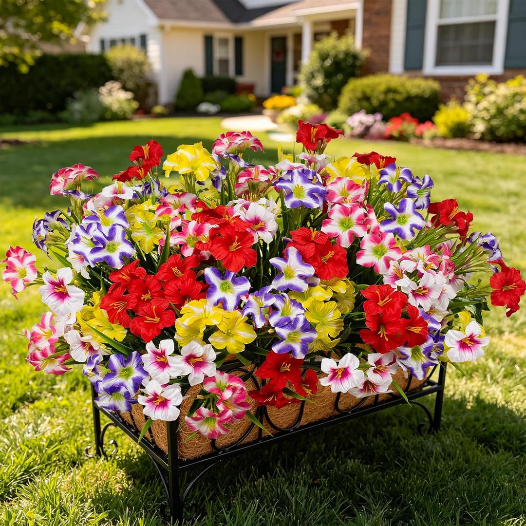 LikSoor Outdoors Artificial Flowers Spring Summer Decor Fake Petunias UV Resistant Flower Faux 12 Bundles Realistic Plastic Plant Porch Patio Window Box Garden Decoration (Mix Color)
