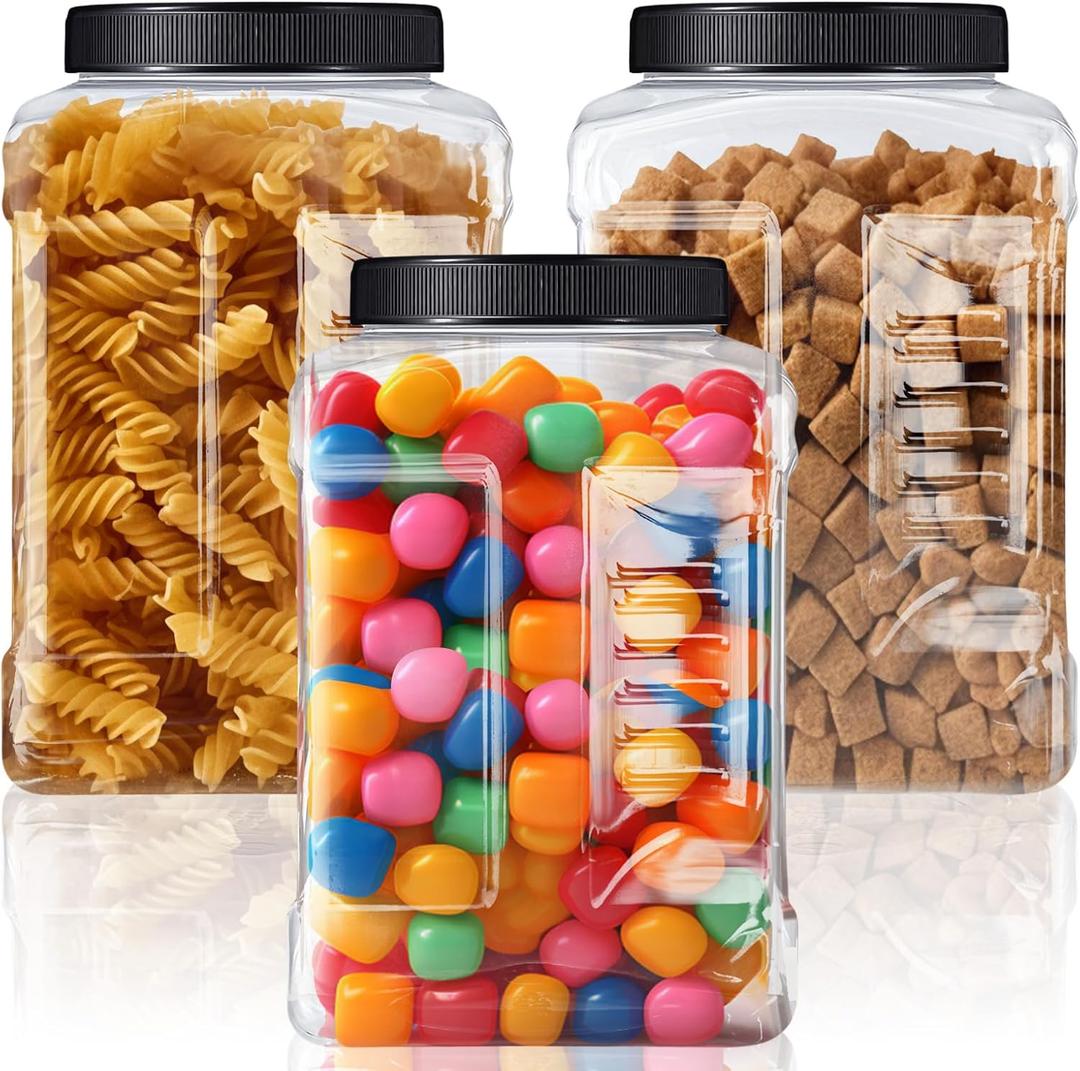 Ziliny 3 Pcs 1 Gallon Clear Plastic Jar with Lid Wide Mouth Square Screw Top Food Storage Containers, PET Plastic Empty Grip Jar Canisters for Candy Cookies Kitchen Food Safe(Black Lid)