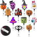 Giegxin 12 Pcs Halloween Badge Reels Retractable Halloween ID Badge Holder Clip Pumpkin Skull Ghost Spider Name Holder Reels with Swivel Clip for Nurse Women Doctor Office Gifts (Ghost Style)