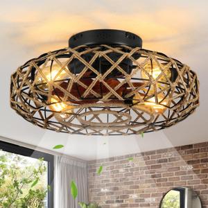 20''Rustic Hemp Rope Caged Ceiling Fans with Lights and Remote Hand-Woven Rattan Flush Mount Ceiling Fan with Light Farmhouse Boho Include Bulbs 6 Speeds Reversible for Bedroom, Kitchen Island