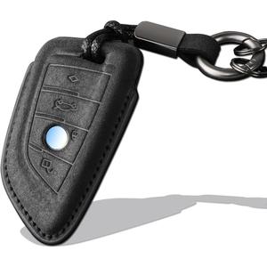 for BMW Key Fob Cover with Keychain Fit for BMW 3 5 6 7 X1 X2 X3 X5 X6 Series Smart Keys Case Protector suede (Black, Style A)