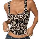 BEAUDRM Women's Y2K Leopard Tank Top Square Neck Camisole Crop Tops Slim Fit Wide Strap Cheetah Cami Brown and Black Large L
