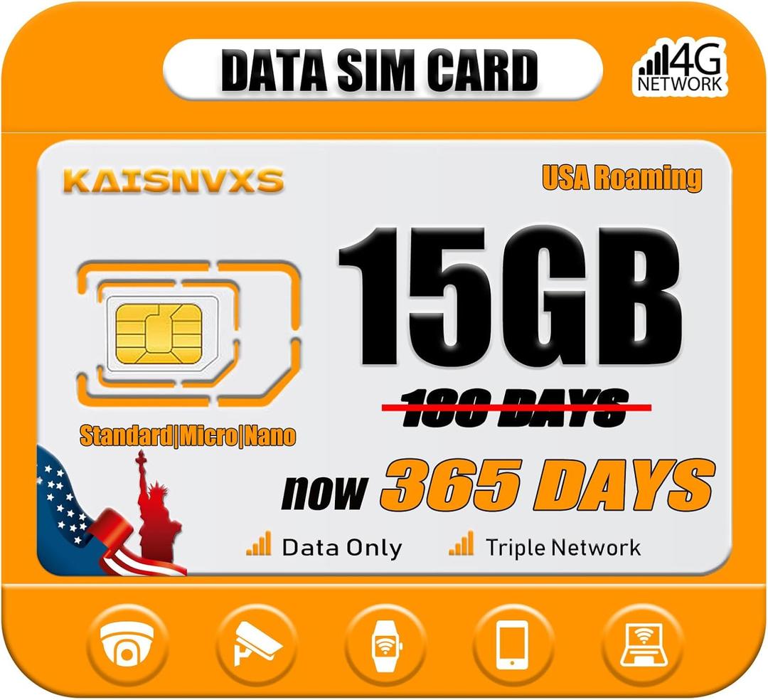 4G LTE Cellular Data SIM Card for 365 Days 15GB Compatible with The USA Nationwide Networks for Unlocked Security Cameras, Hunting Trail Cameras, Game Cameras, Tablets, No Need Activation