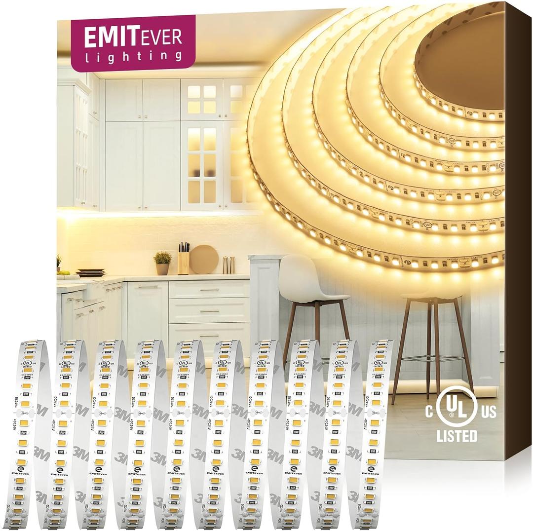 EMITEVER LED Strip Lights Warm White 3000K, UL 24V LED Tape Light, 16.4ft, Ra 95+, IP30, 2.9W/ft, 240+Lumens/ft, 600LEDS/Spool, UL Listed (Power Supply Sold Separately)