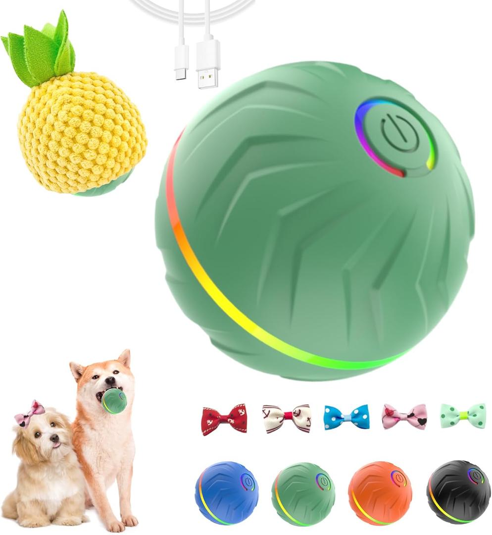 2 x Interactive Dog Toys Dog Ball,Anti Boredom Dog Toys,Durable Motion Activated Automatic Rolling Toys for Small/Medium Dogs,Moving Ball for Dogs to Keep Them Busy,Dog Bows,Fruity Plush Covers(Green)