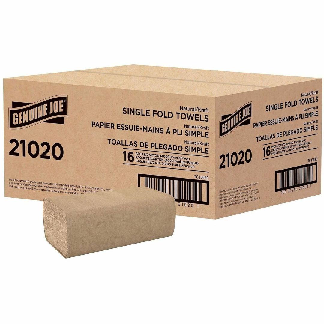 Genuine Joe Singlefold Paper Towels, 10.25" x 9.1", 1-Ply, Kraft, 250/Pack, 16 Count, 10-1/4-inches length by 9.10-inches width