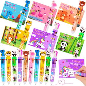 24 Pack Valentines Day Gifts for Kids Classroom 10-in-1 Multicolor Ballpoint Pens with Valentines Cards for Kids School, Valentines for Kids Classroom Class Exchange Gifts Party Favors for Boys Girls