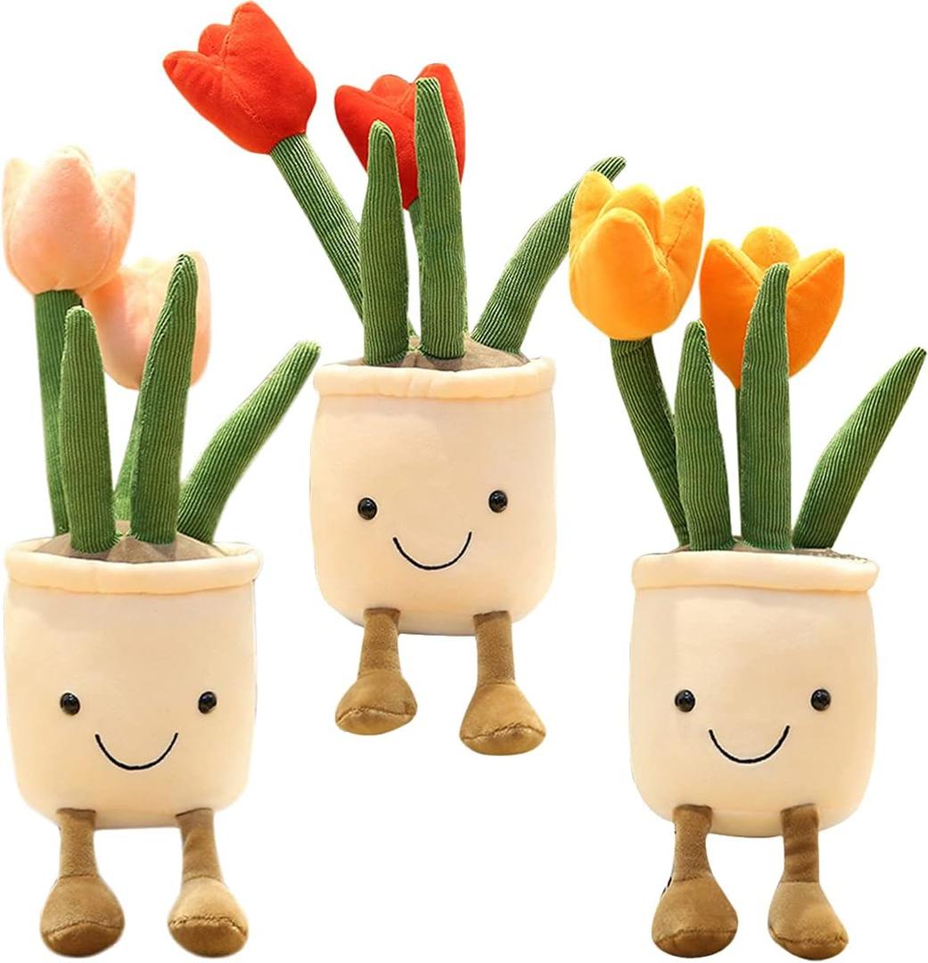 3pcs Tulip Plush Toy, Cute Tulip Plushies, Stuffed Potted Plants Plush Doll, Soft Plush Succulent Gifts for Kids Boys (Red+Orange+Pink)