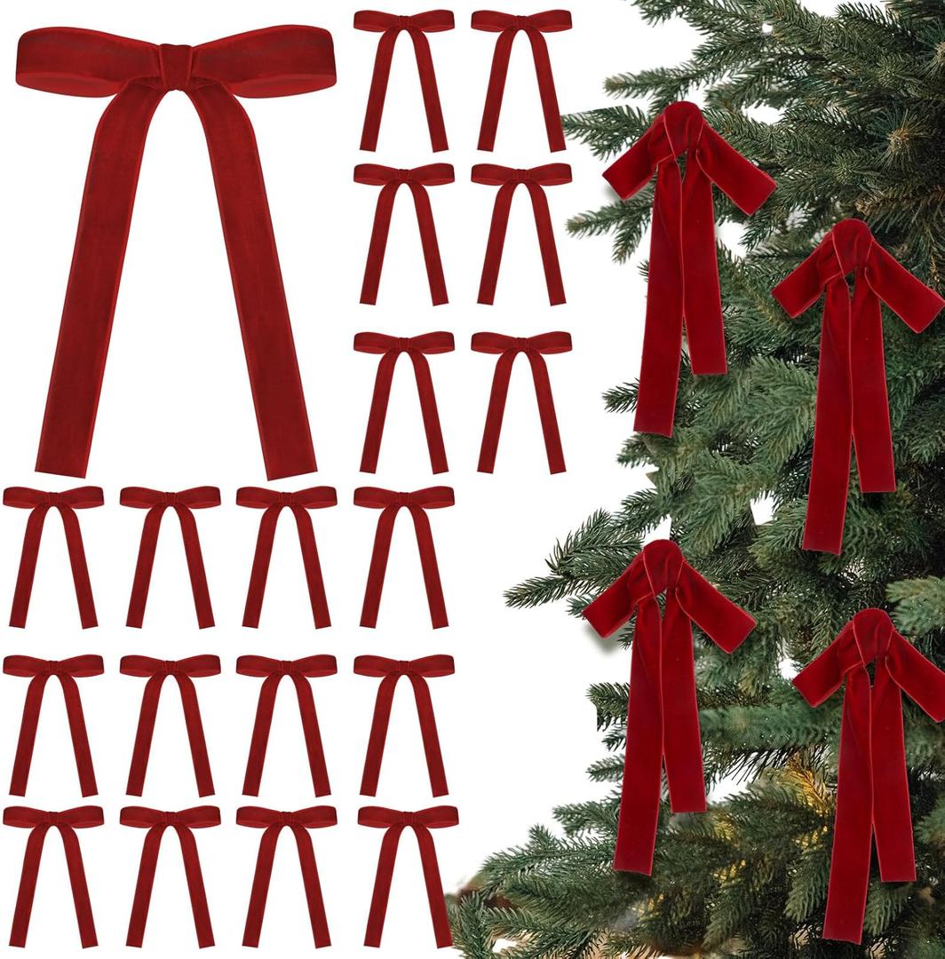 Glitinsel 24 Pcs Red Velvet Bows Christmas Tree Ornaments Valentines Day Bows Decoration for Garland Home Coquette Wedding Decor (5 x 7 Inch,Width of 1")