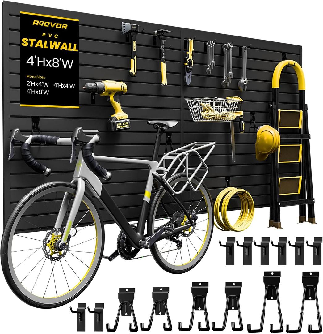 SlatWall Paneling 4x8 FT, PVC Slat Wall Panels with 16 Hooks Heavy-Duty Garage Organization System, Slatwall Pegboard Suitable for HomeGarageShop Wall Display & Organization (Black)