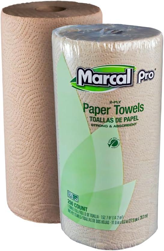 Marcal Paper Towels, Recycled Kraft Kitchen Paper Towels, 2-Ply, 250 Sheets Per Roll, 12 Rolls, Chemical Free (250HCK)