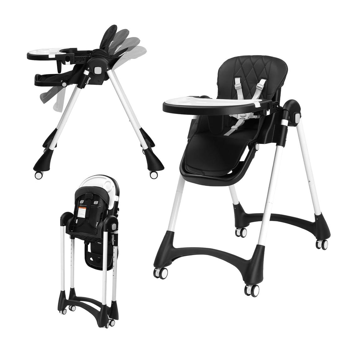JOYMOR Foldable Baby High Chair, 4 in 1 Convertible Highchair for Eating, Height Adjustble and Multiple Seat Position, Compact Foldable Design for Easy Storage (Black)
