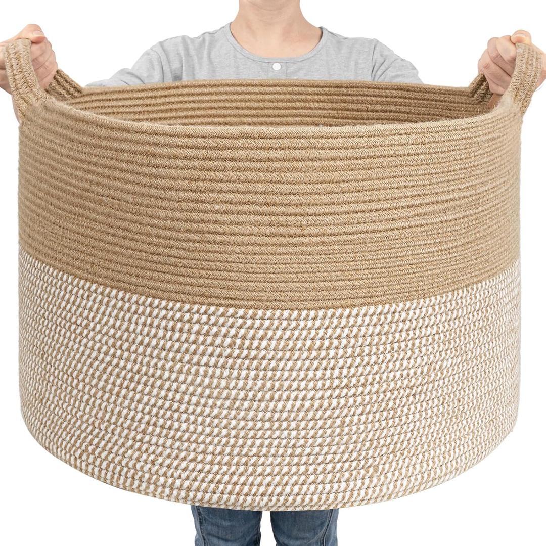 Goodpick Large Woven Storage Basket 21.7x13.8 Inch, White & Jute Laundry Hamper with Handles for Clothes, Blankets, Pillows, Blanket Basket for Living Room, Bedroom