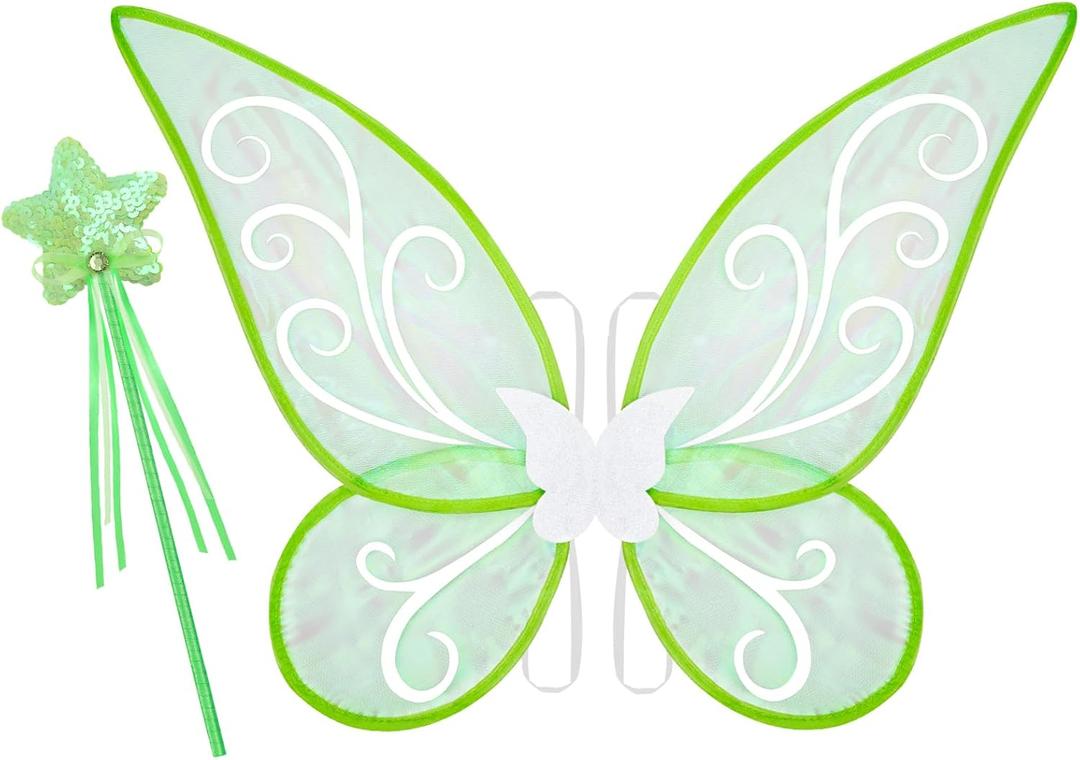 Fairy Wings Butterfly Costume for Girls Halloween Cosplay Dress Up Fairy Costume with Wand (Green)
