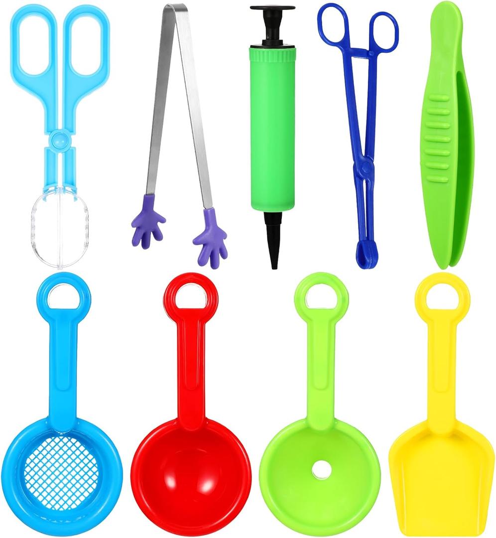 Wettarn 9 Pcs Sensory Bin Filler Fine Motor Skills Handy Scooper Set Sensory Bin Tools, Include 4 Scoops, 2 Tweezers, Scissors Clips, Plastic Forceps and Air Pump for Sorting Counting