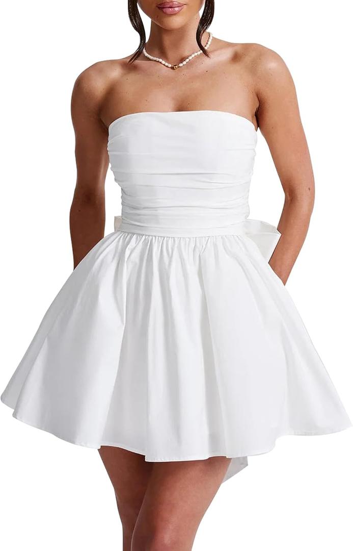 LuFeng Women's Strapless Mini Dress Ruched Sleeveless Off Shoulder A-Line Pleated Short Dress with Oversized Bow (White)