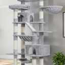 Heybly Cat Tree, 71-Inch-Tall Tower for Indoor Cats with 2 Perches, 2 Big Condos, 2 Hammocks, Basket, Scratching Pad, Large Cat Furniture and Condo, Light Gray HCT034W