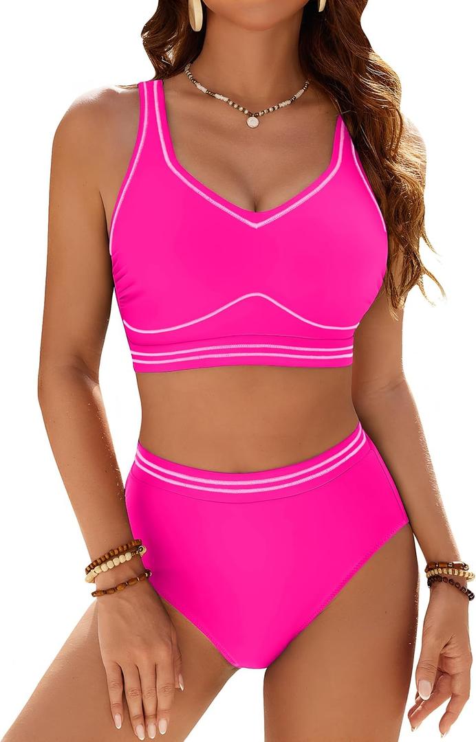 Blooming Jelly Womens High Waisted Bikini Sets Popular Tummy Control Swimsuits 2025 2 Piece Modest Bathing Suit S, Pink