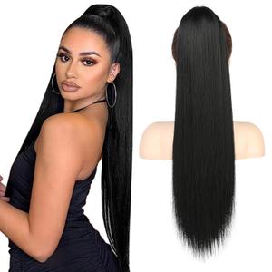 Flufymooz ponytail extension, 26 Inch Long Straight Drawstring Ponytail Hairpieces Fake Pony Tails Natural Soft Clip in Hair Extension Pony Tail for Women (Jet Black)