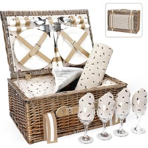 Willow Picnic Basket Set for 4 Persons with Large Insulated Cooler Bag and Waterproof Picnic Blanket,Wicker Picnic Hamper for Camping,Outdoor,Valentine Day,Chirtmas,Thanks Giving,Birthday. (16x12x7.5inch, Beige Flower)
