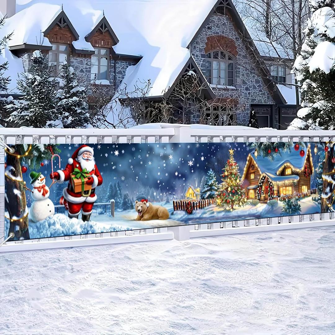 Santa Christmas Banner 79x18 Inch Winter Cottage and Tree Backdrop with Snowman Bear and Lights for Holiday Party Wall Decor Outdoor Fence Indoor Kids Photo Background