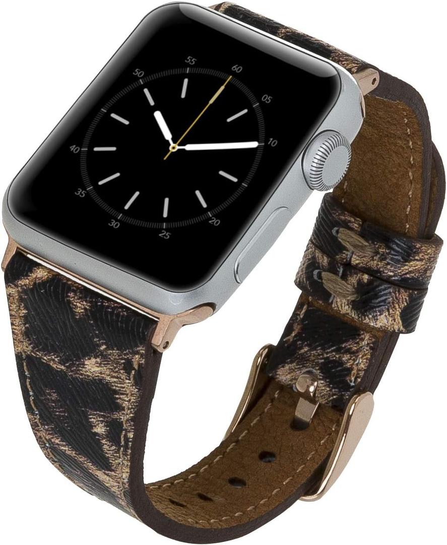Venito Messina Leather Slim Watch Band Compatible with Apple Watch Ultra 2 / Ultra Series 9 8 7 6 5 4 3 2 1 SE 49mm 45mm 44mm 42mm 41mm 40mm 38mm (Leopard Pattern w/Rose Gold Connector&Clasp)