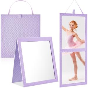 Foldable Backstage Mirror with Handle 24.61x 11.22 Inch Leather Folding Hanging Mirror Rectangular for Travel Dance Bag Home Fitness Spa Gift for Dancers (Purple)