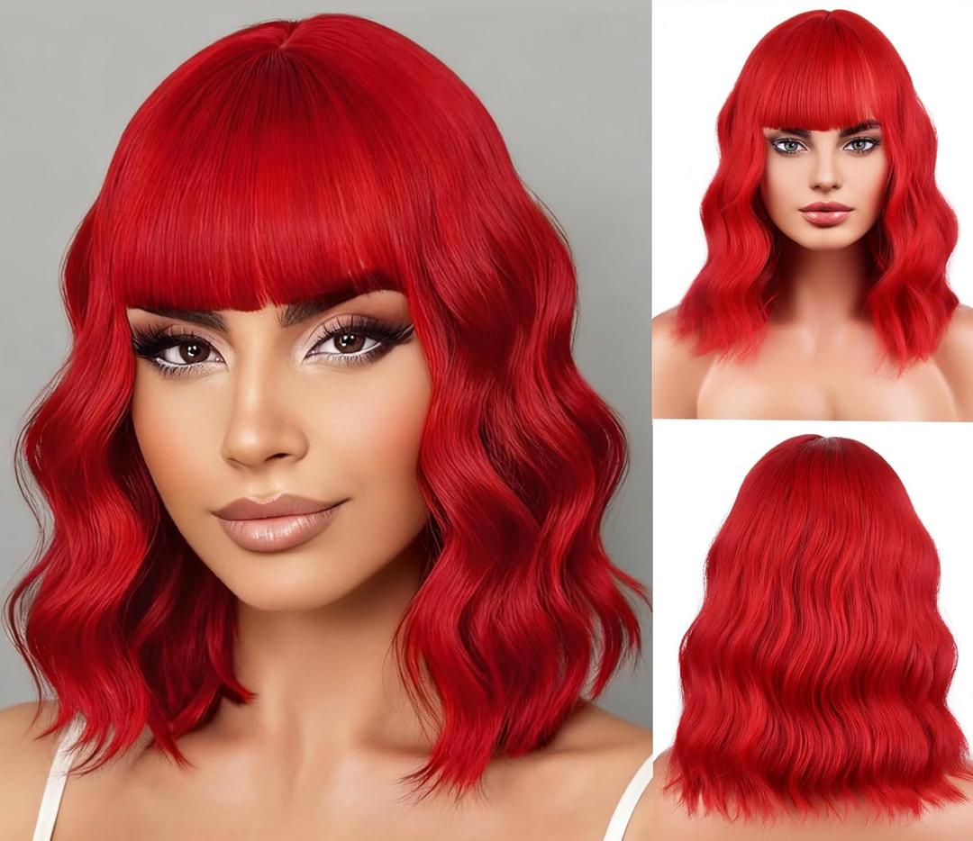 Red Wig Neon Red Wigs Short Curly Wigs with Bangs for Women Daily Party or Cosplay Hairnet Include