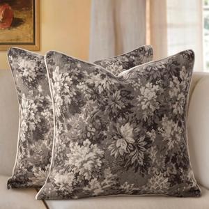 Pack of 2 Vintage Floral Throw Pillow Covers 18x18 Tapestry Chenille Soft Decorative Farmhouse Square Accent Pillow Cases for Couch Bedroom Living Room Home Decor, Grey