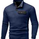 Wizoat Men's Quilted Sweatshirt Casual Waffle Stand Collar Button Pullover Sweatshirts (Blue, XXXL)
