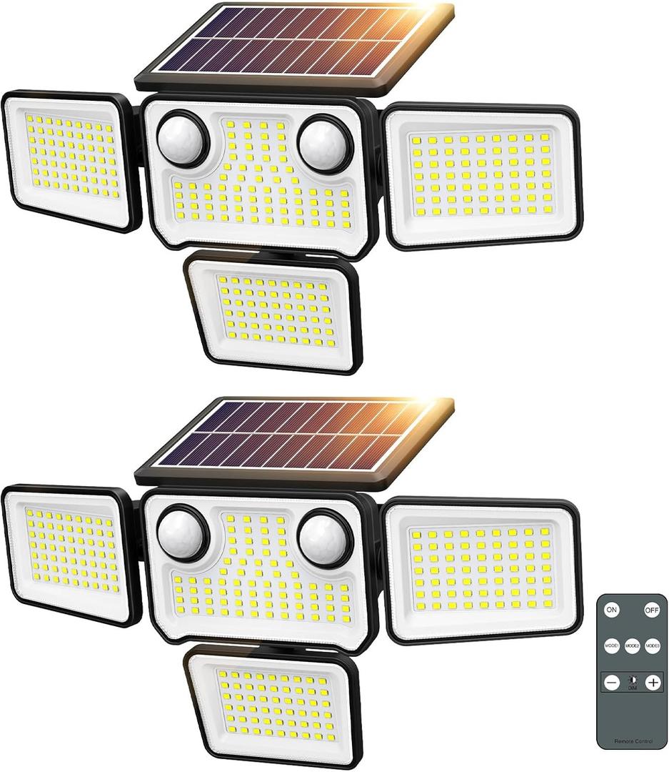 4500LM Solar Lights Outdoor Waterproof, 254 LED Solar Flood Lights Outdoor with 2 Motion Sensor, 4 Heads Security Light with Remote Control for Yard Outside House Garage 2 Pack