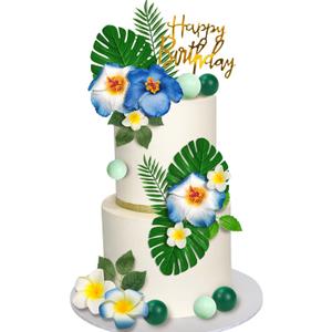 23 PCS Flower Cake Topper Hawaiian Cake Decorations with Palm Leaves Hibiscus Flowers Balls for Hawaii Aloha Jungle Summer Theme Wedding Birthday Baby Shower (Blue)