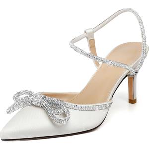 Susanny Women's Closed Toe Rhinstone Wedding Low Heel Slingback Clear Kitten Heels,Adjustable Strap Pointed Toe Bow Pumps High Heeled Prom Dress Shoes, 8.5