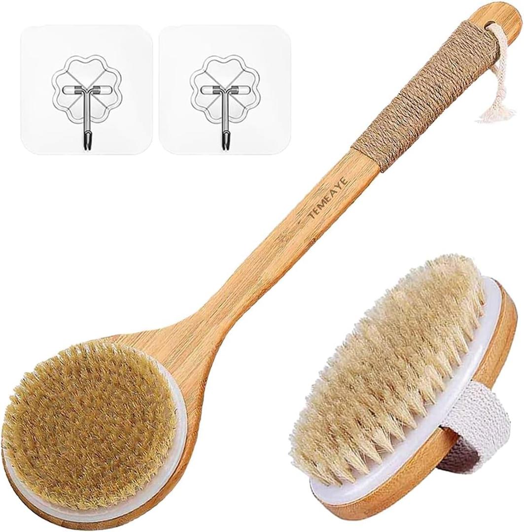 TEMEAYE Dry Brushing Body Brush Sets Wooden Handle Combined with Medium Strength Natural Bristles Gentle Exfoliator Remove Cellulite Lymphatic Drainage Makes the Skin of the Entire Body Softer