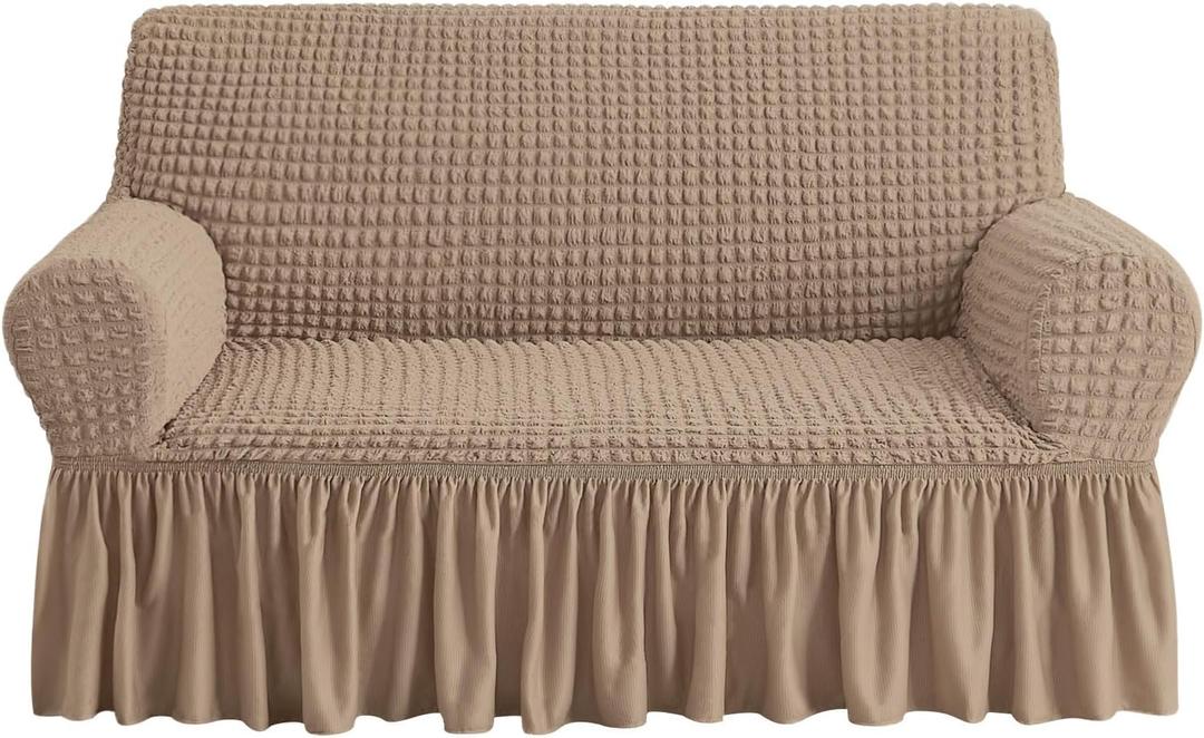 NICEEC Loveseat Slipcover Khaki Loveseat Cover 1 Piece Easy Fitted Sofa Couch Cover Universal High Stretch Durable Furniture Protector Love Seat with Skirt Country Style (2 Seater Khaki) (Medium)