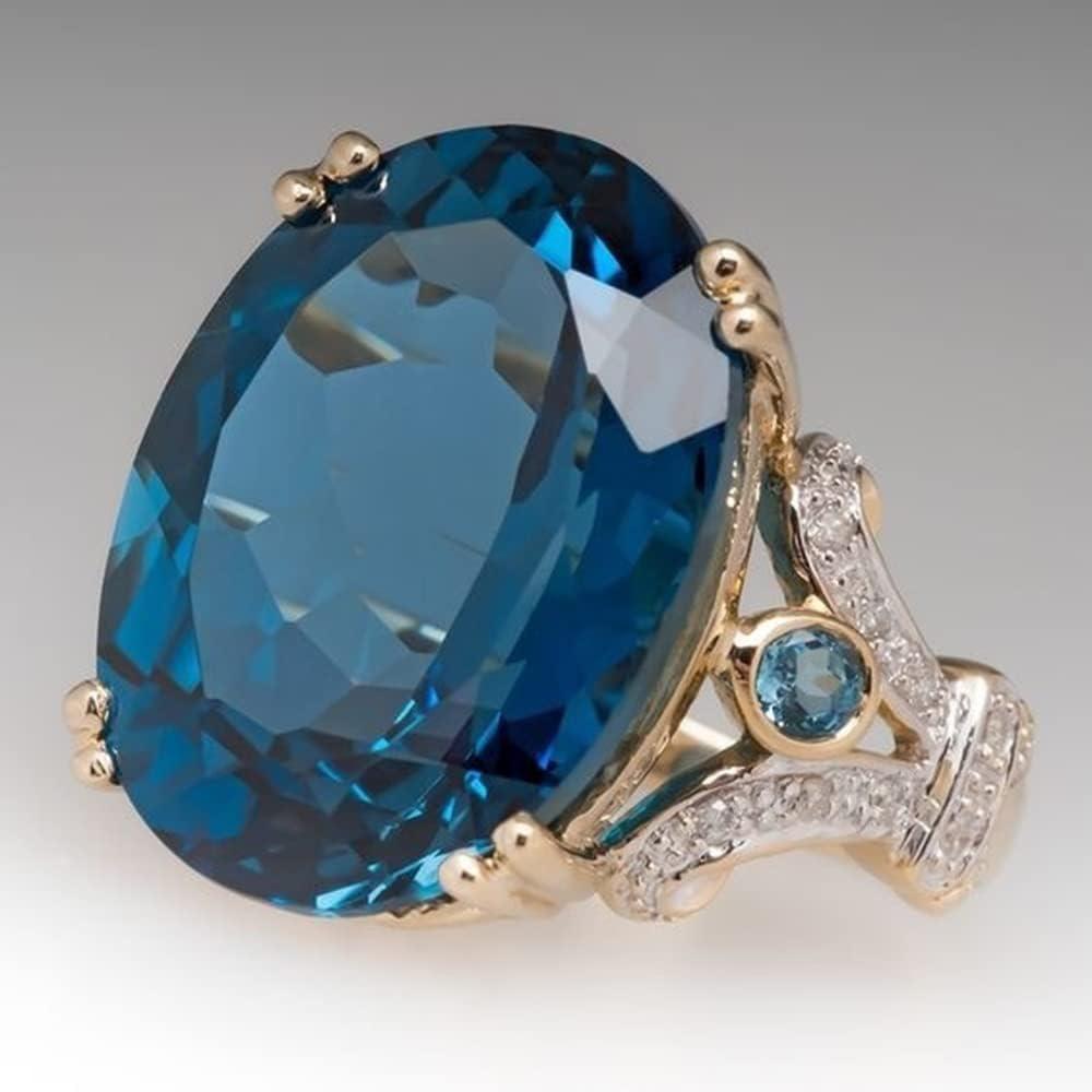 Koguxuix 18k Gold Peacock Blue Topaz Oval Diamond CZ Crystal Gemstone Ring Aquamarine Gemstone Wedding Bridal Band Ring for Women (7)