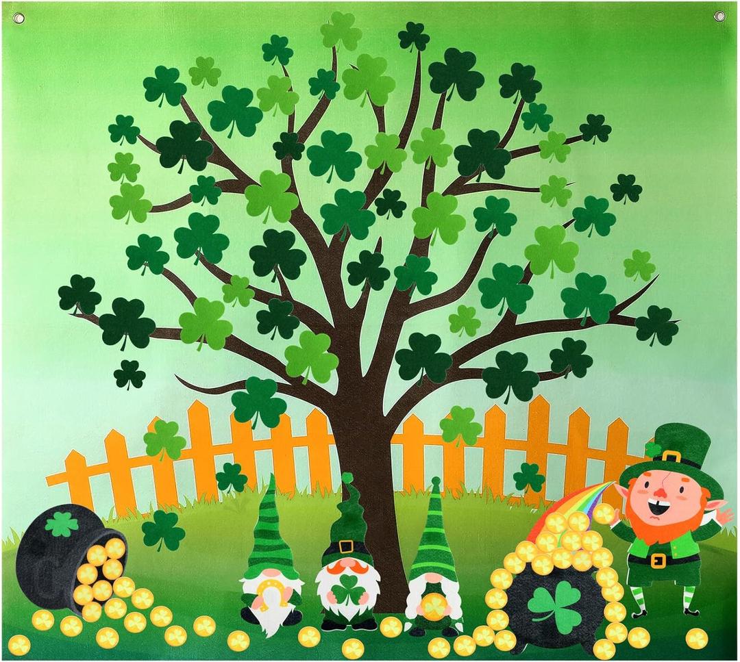 Moukeren Felt St. Patrick's Day Craft Kit Wall Shamrock DIY Felt Bulletin Board Set Shamrock Clover Tree Board with 96 Pcs Detachable Cauldron Gold Coins Ornaments Activity