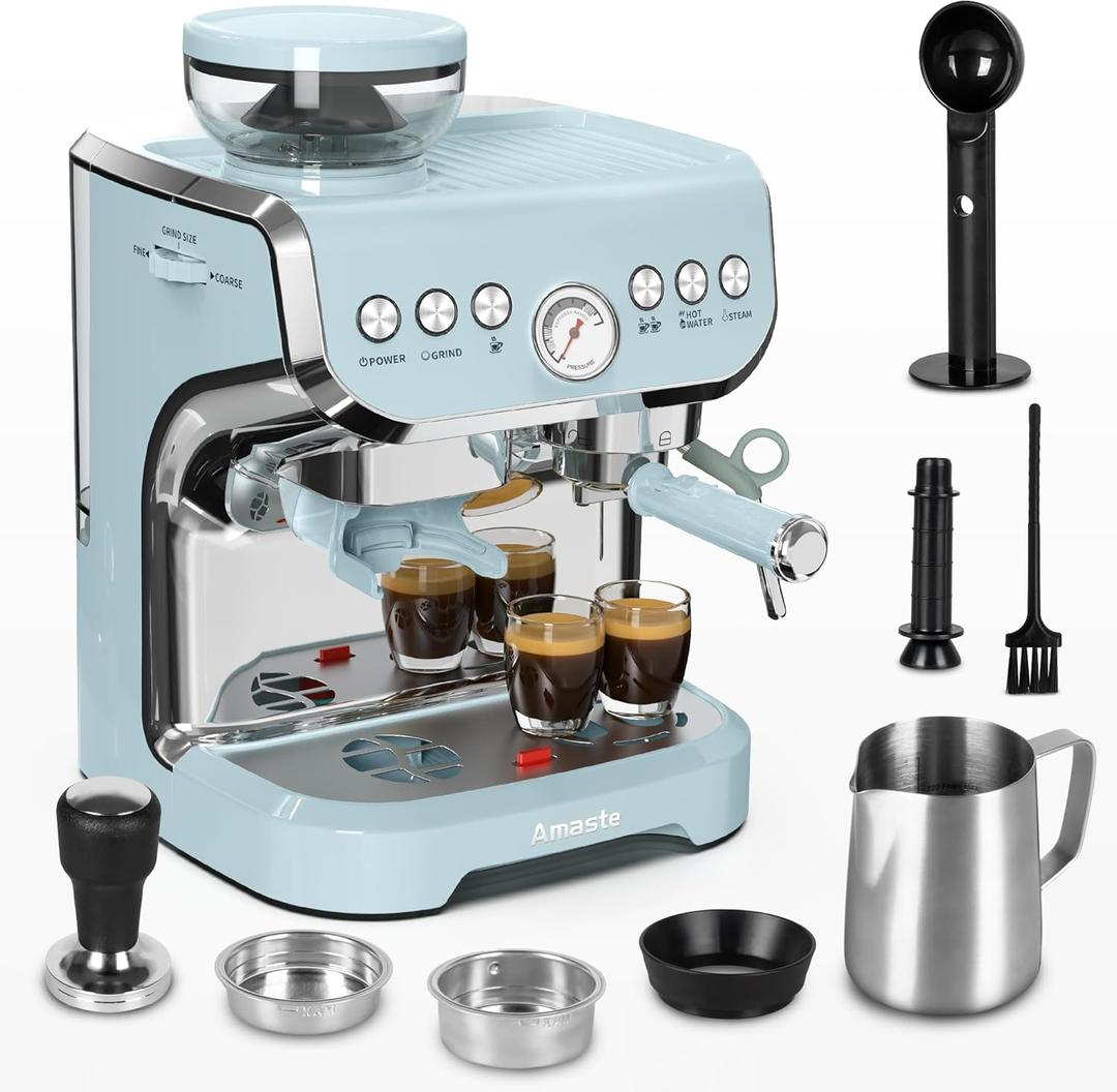 Amaste Espresso Machine with Grinder, 15 Bar Espresso Machine with Steam Wand for Latte and Cappuccino, 68Oz Water Tank, Pre-Infuse Brewing, Espresso Coffee Maker for Home Use, Barista Kit, Blue Amaste Espresso Machine with Grinder, 15 Bar Espresso Machine with Steam Wand for Latte and Cappuccino, 68Oz Water Tank, Pre-Infuse Brewing, Espresso Coffee Maker for Home Use, Barista Kit, Blue