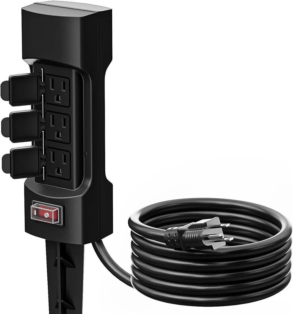 K KASONIC Outdoor Power Stake, Kasonic 6-Outlet 9 ft Extension Cord Power Strip, Double Sided with Weatherproof Safety Flip Covers, ETL Certified Multi-Outlets, Black