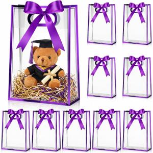 Aliceset 12 Pcs Clear Plastic Gift Bag with Die Cut Handles Reusable PP Favor Bag with Ribbon for Wedding Bridal Birthday Baby Shower Party Small Business, 7x10x3.15 Inch(Purple)
