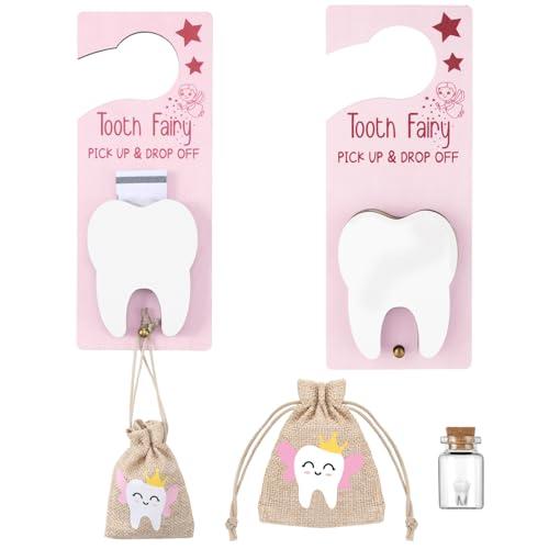 DoubleFill Tooth Fairy Gift Holder Bag Door Hanger Tooth Fairy Kit Stores Lost Teeth Keepsake Box Easter Gift World Oral Health Day Gifts for Lost Teeth Boy Girl(Classic,Pink Brown)
